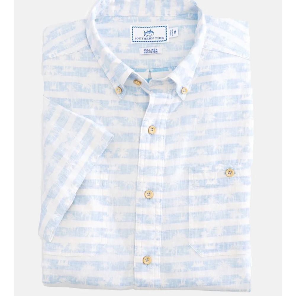 Southern Tide Cream Blue Palm Print Short Sleeve Performance Dock shirt M